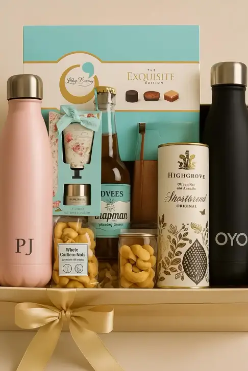 Elegant luxury birthday hamper UK edition with personalized bottles, Highgrove shortbread, cashew nuts, and drinks — Gifts by Beulah Creations